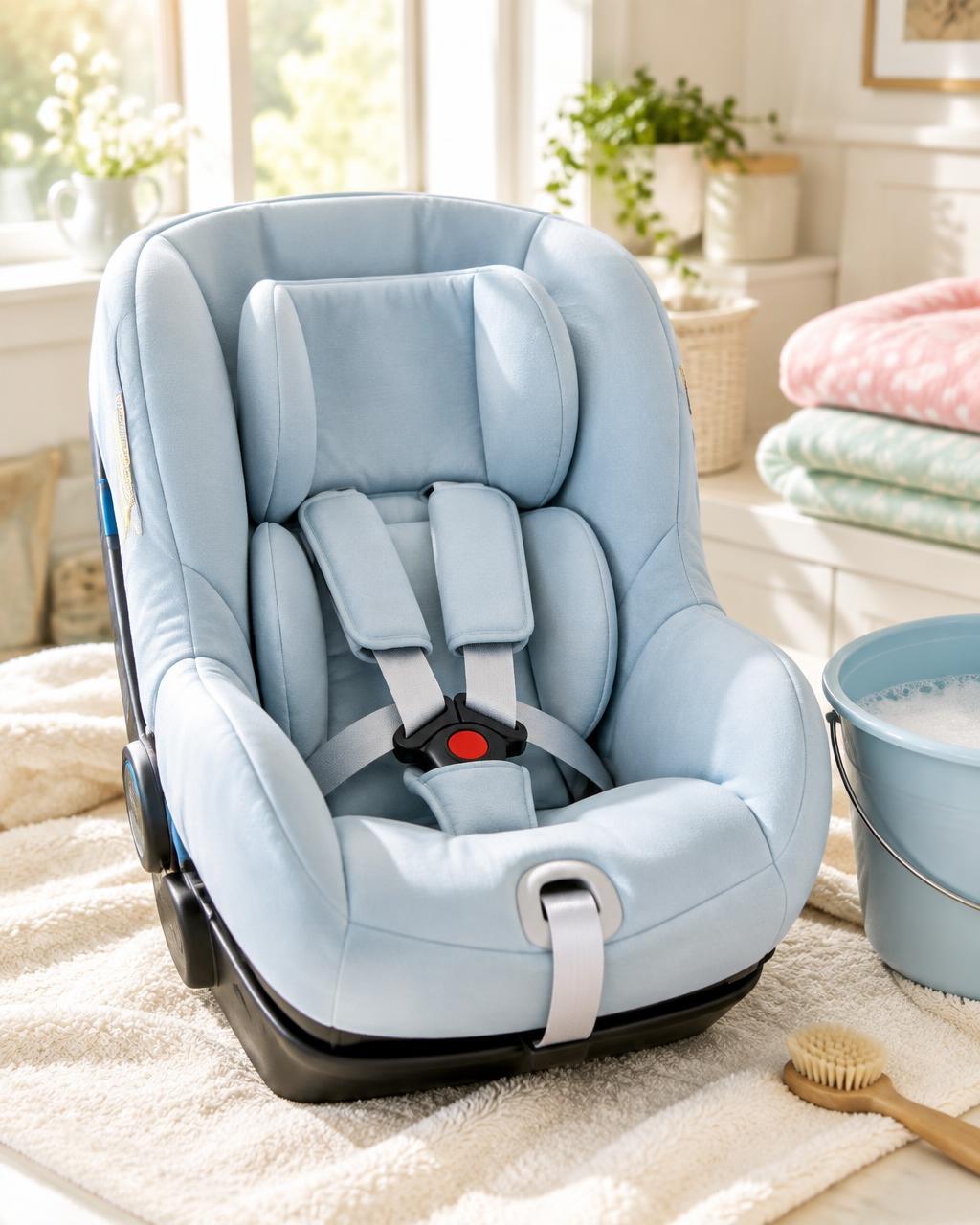 A parent holding a freshly cleaned car seat